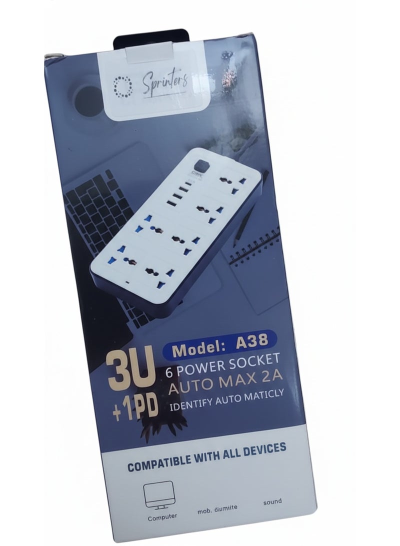 Sprinters A38 Power Strip with 6 Universal Sockets, 3 USB Ports, and 1 PD Fast Charging Port